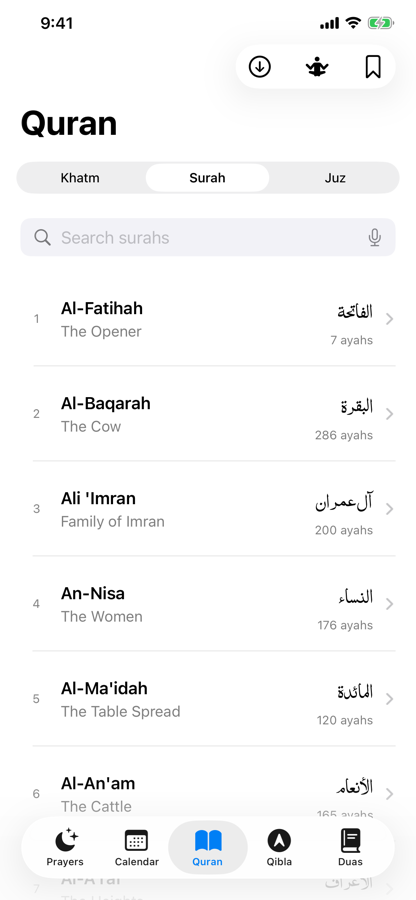 Searchable list of all 114 surahs