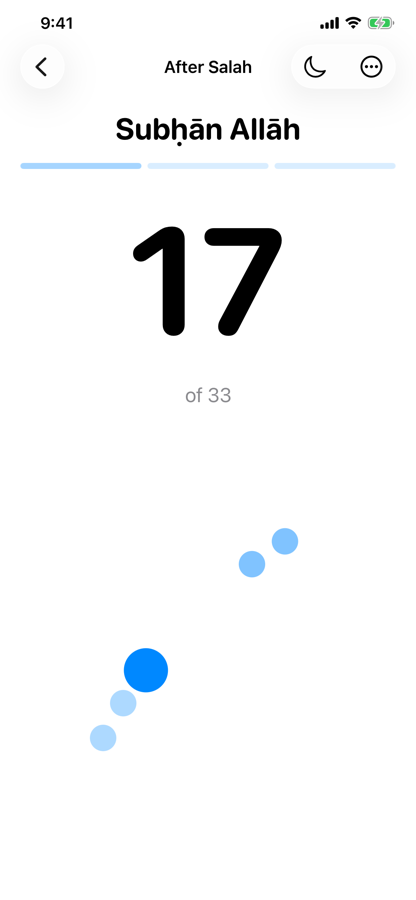 Tasbih counter at 17 of 33